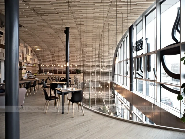 Curved Wood Coffee Shop Seating Wall