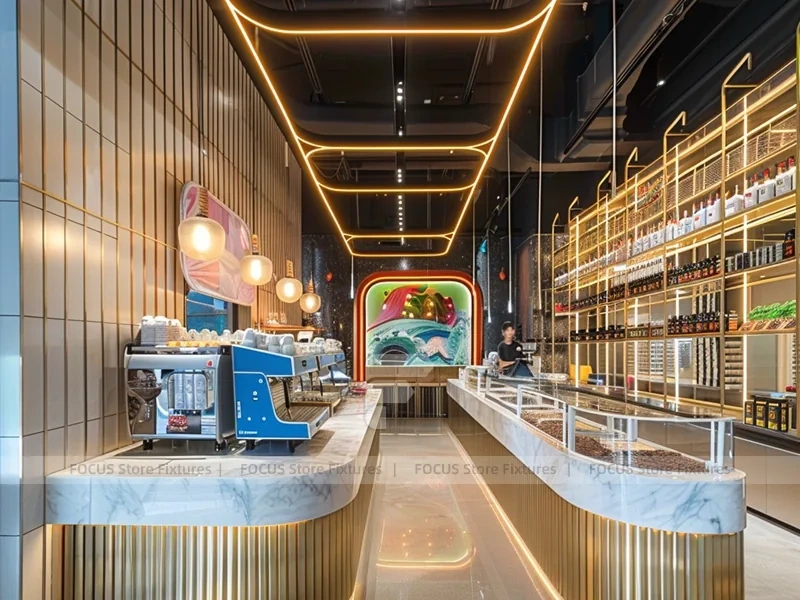 Long Blue Dessert Beverage Counter Layout
