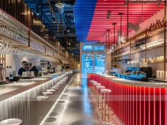 Long Blue Red Beverage Bar Layout