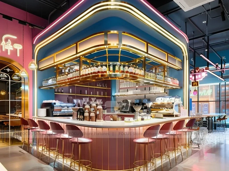 Long Blue Red Beverage Bar Layout