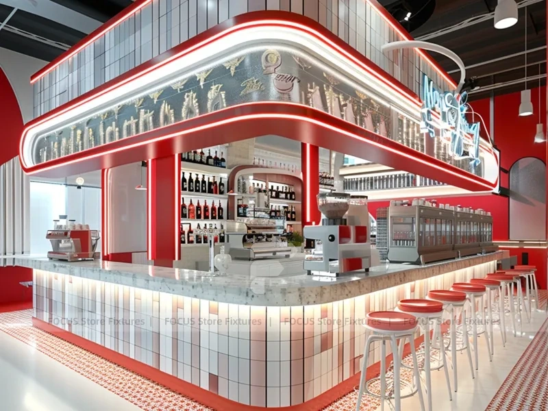 Long Blue Red Beverage Bar Layout