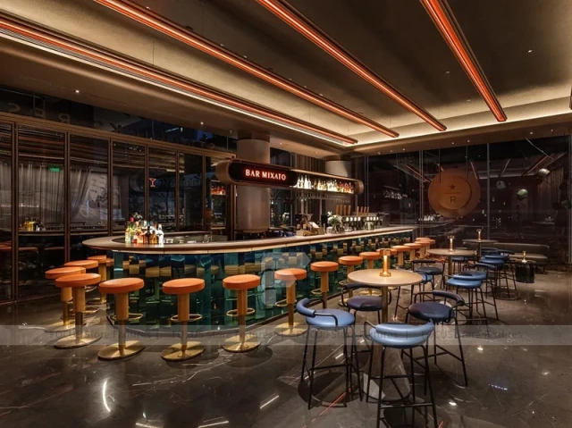 Long Orange Stool Coffee Bar Layout