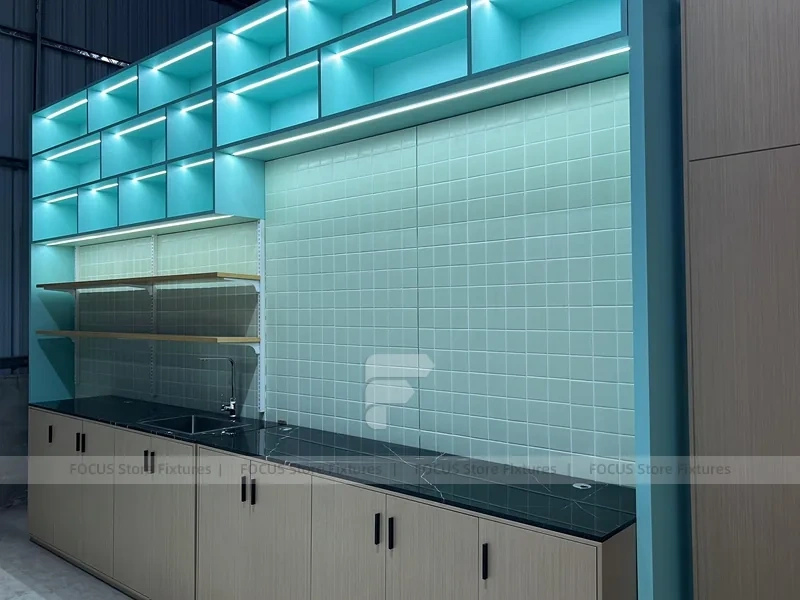 Mint Tile Beverage Wall Shelving Detail