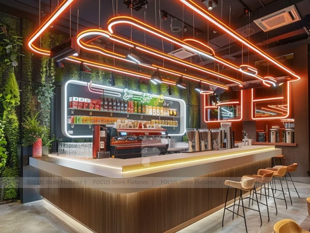 Neon Red Beverage Wall Counter Layout