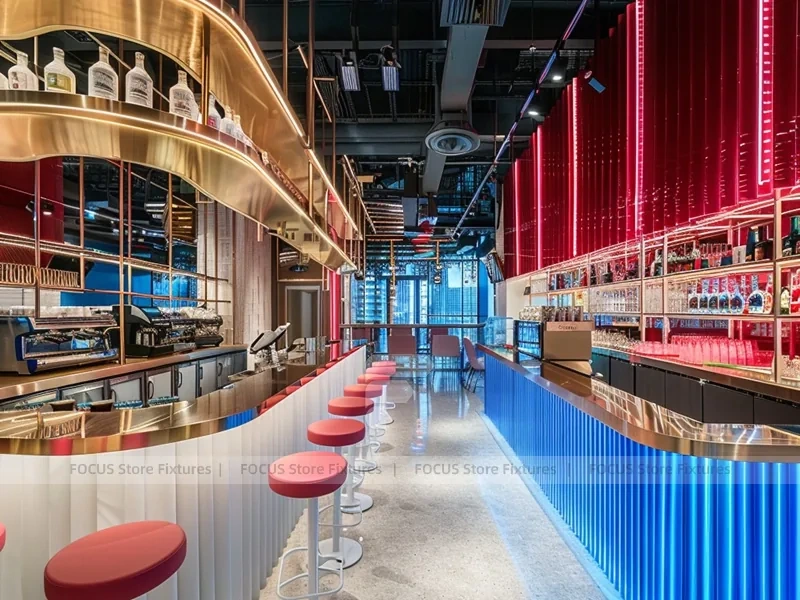Neon Red Blue Beverage Bar Seating Layout