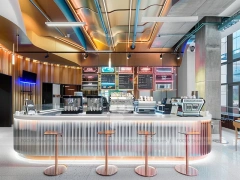 Neon Red Blue Beverage Bar Seating Layout