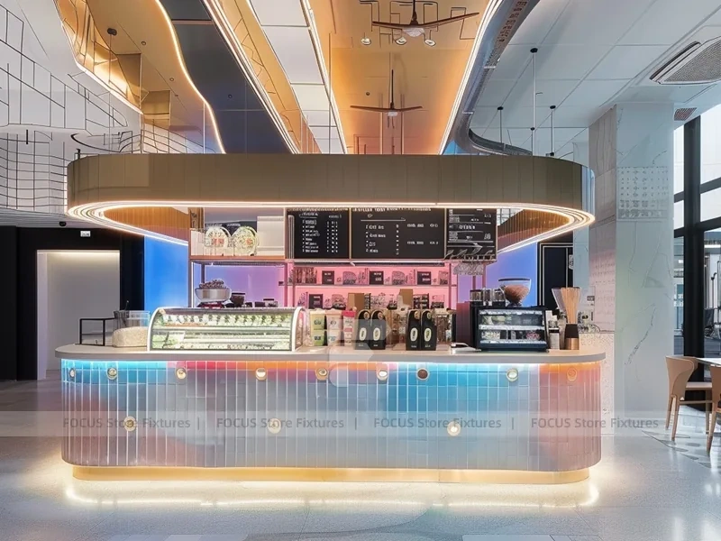 Neon Red Blue Beverage Bar Seating Layout