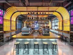 Neon Red Blue Beverage Bar Seating Layout