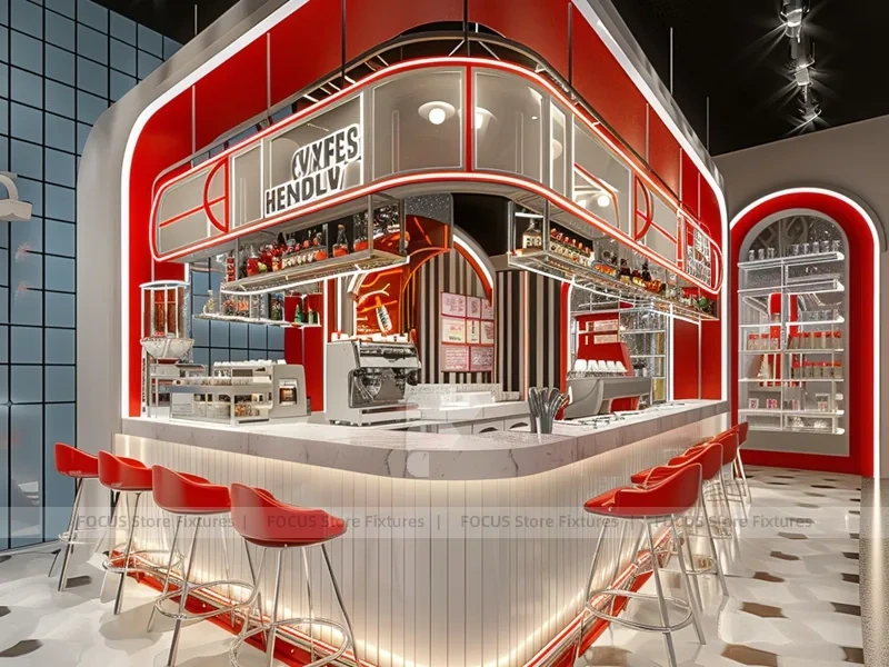 Neon Red Blue Beverage Bar Seating Layout