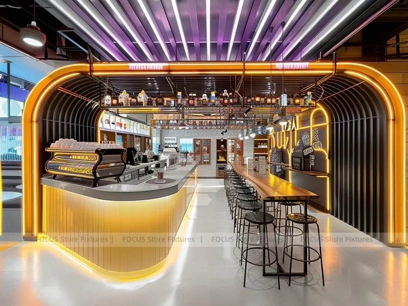 Neon Red Blue Beverage Bar Seating Layout