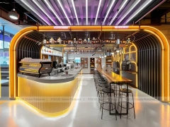 Neon Red Blue Beverage Bar Seating Layout