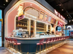 Pink Beverage Counter With Long Bar Stools