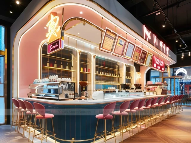 Pink Beverage Counter With Long Bar Stools