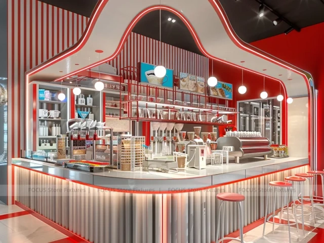 Red Curved Dessert Beverage Kiosk