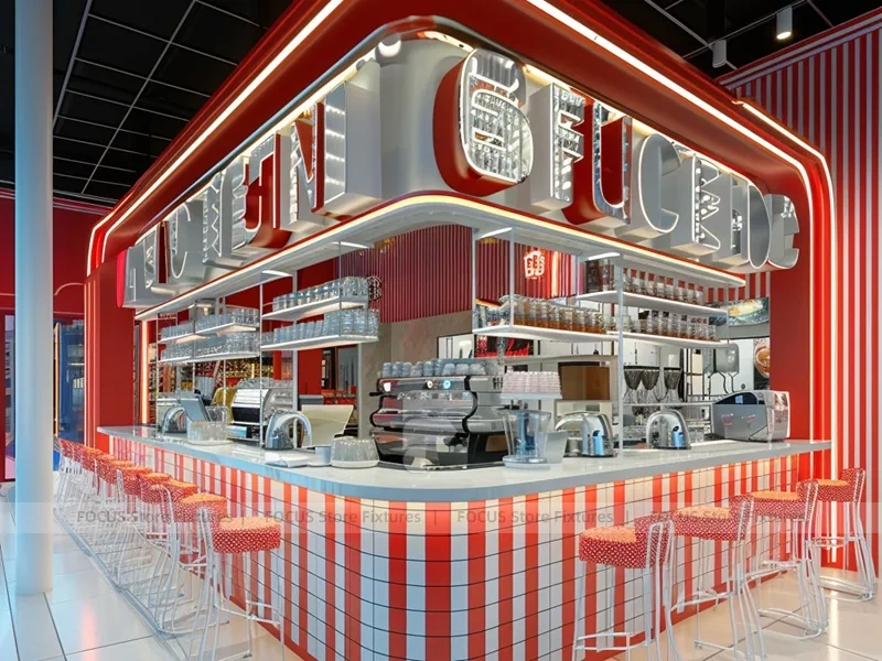 Red White Beverage Arch Kiosk Counter
