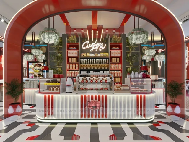 Red White Beverage Arch Kiosk Counter