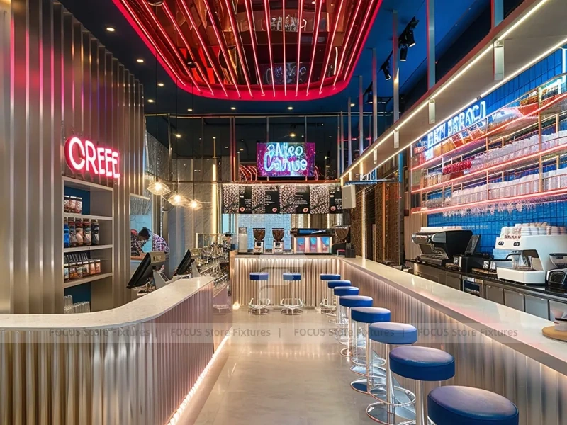 Silver Coffee Bar With Blue Stools