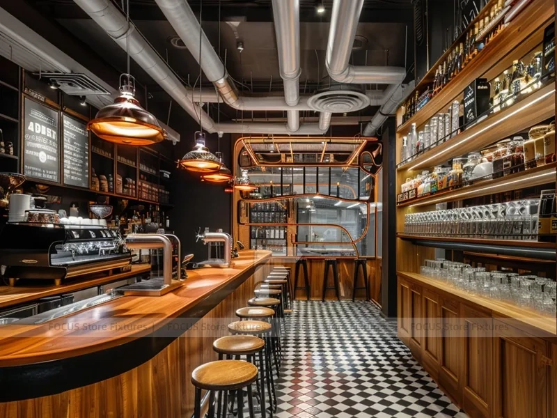 Silver Coffee Bar With Blue Stools