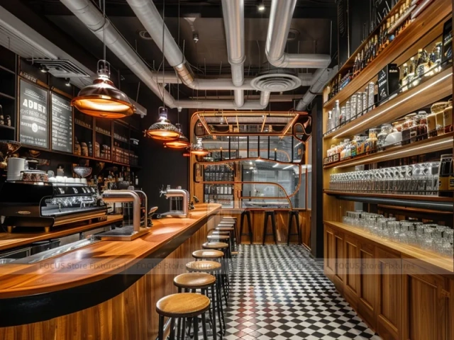 Silver Coffee Bar With Blue Stools