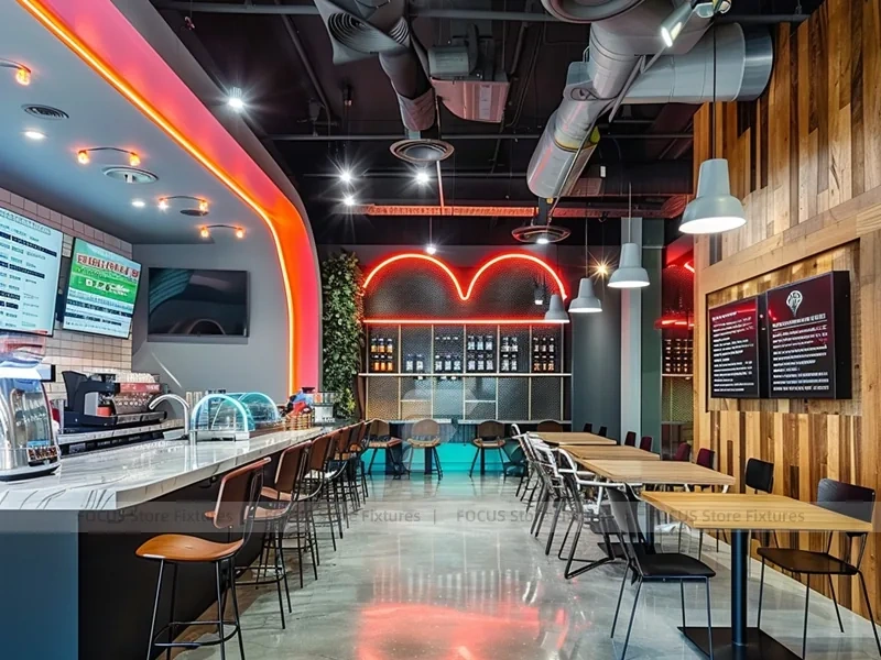 Silver Coffee Bar With Blue Stools