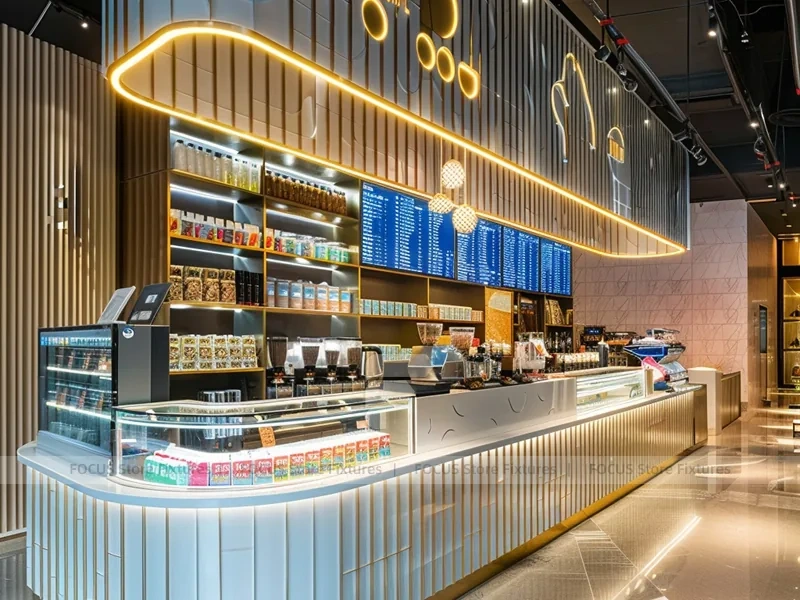 Silver Coffee Bar With Blue Stools