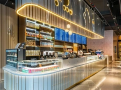 Silver Coffee Bar With Blue Stools