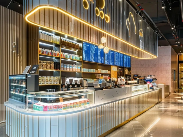 Silver Coffee Bar With Blue Stools