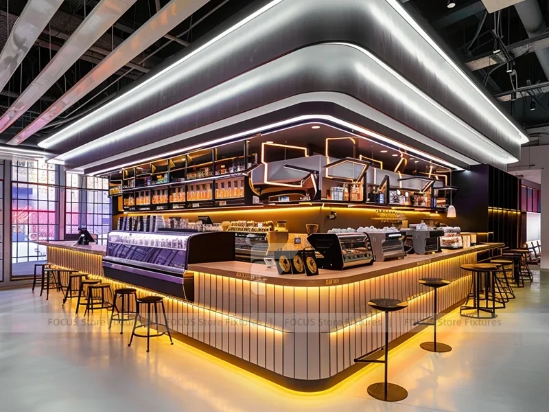 Silver Coffee Bar With Blue Stools