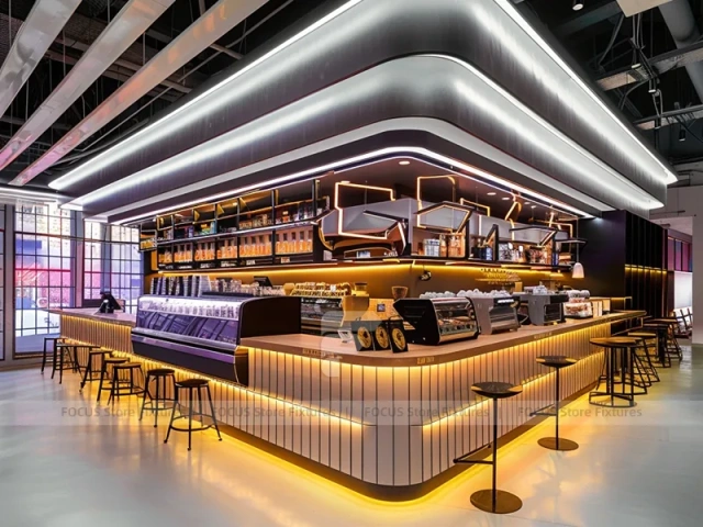 Silver Coffee Bar With Blue Stools