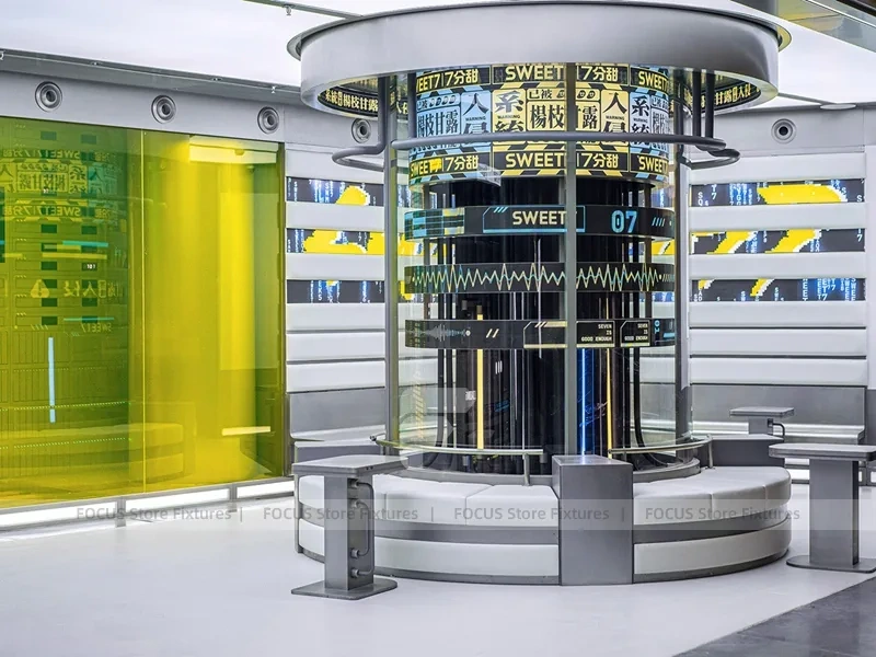 White Circular Beverage Lab Display Kiosk