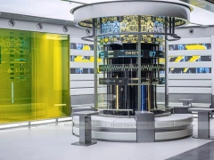 White Circular Beverage Lab Display Kiosk