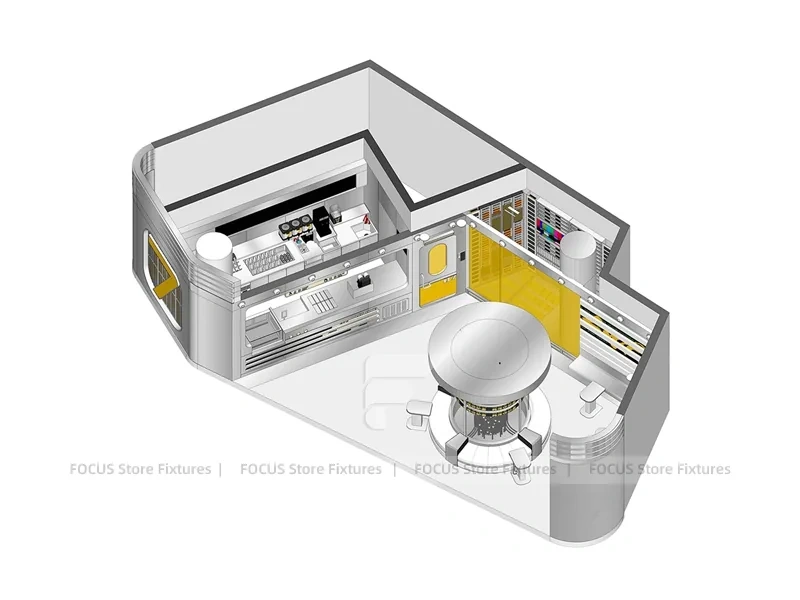 White Circular Beverage Lab Display Kiosk