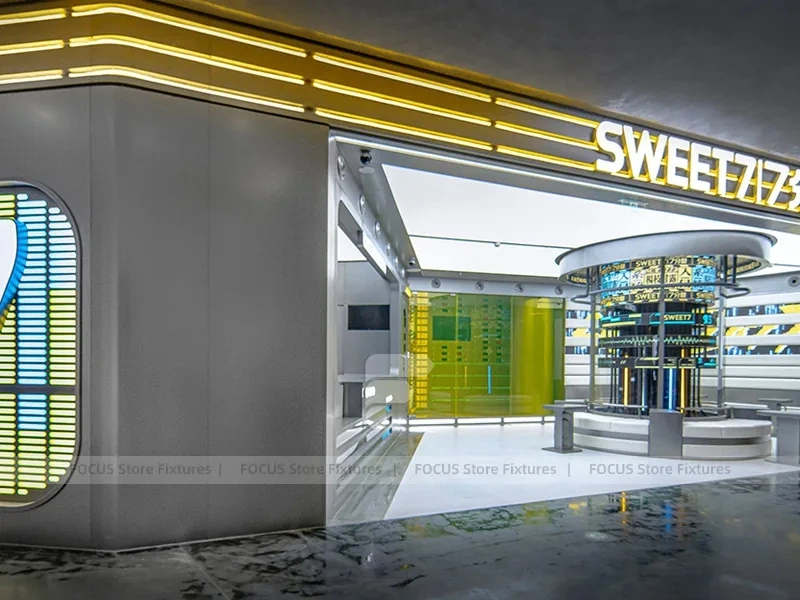 White Circular Beverage Lab Display Kiosk