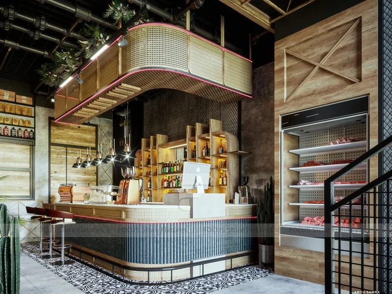 Wood Beverage Kiosk With Back Bar Shelving
