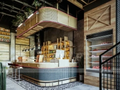 Wood Beverage Kiosk With Back Bar Shelving