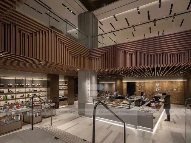 Wood Slat Beverage Shop Interior Layout