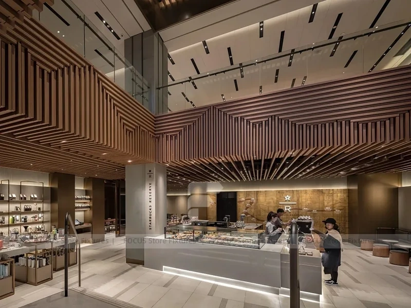 Wood Slat Beverage Shop Interior Layout