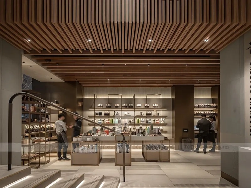 Wood Slat Beverage Shop Interior Layout