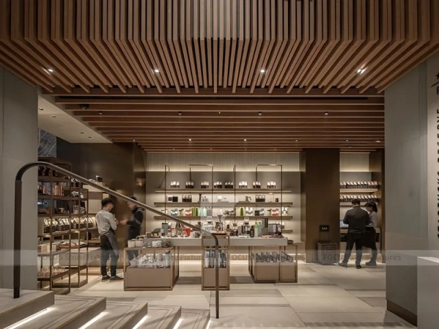 Wood Slat Beverage Shop Interior Layout