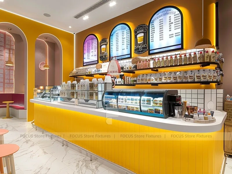 Yellow Arch Beverage Counter With Display Case