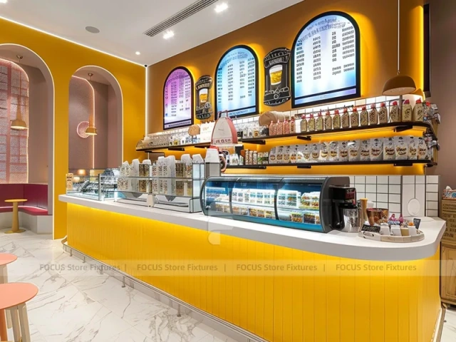 Yellow Arch Beverage Counter With Display Case