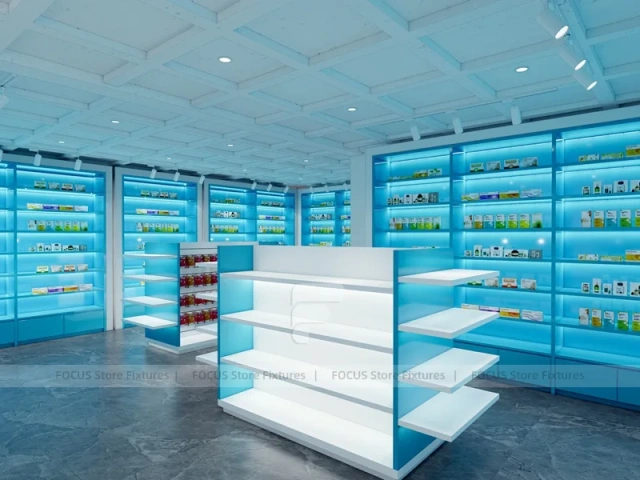 Aqua Blue Pharmacy Shelving and White Counter System