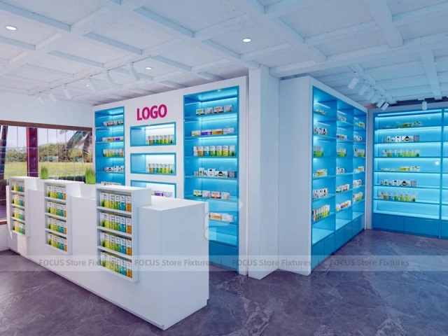 Aqua Blue Pharmacy Shelving and White Counter System
