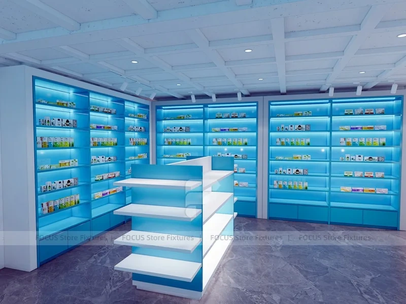 Aqua Blue Pharmacy Shelving and White Counter System