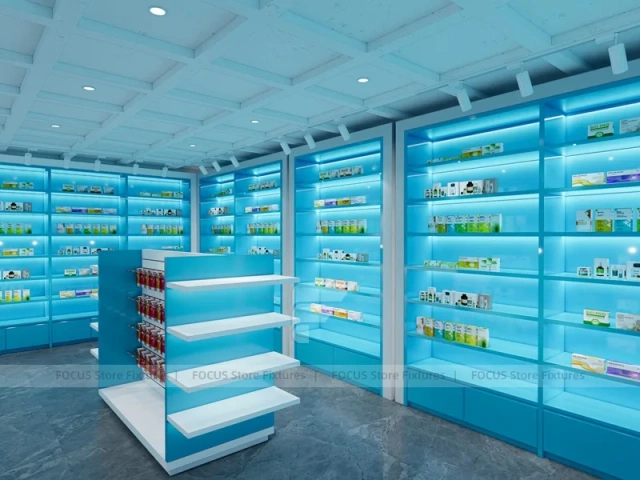 Aqua Blue Pharmacy Shelving and White Counter System