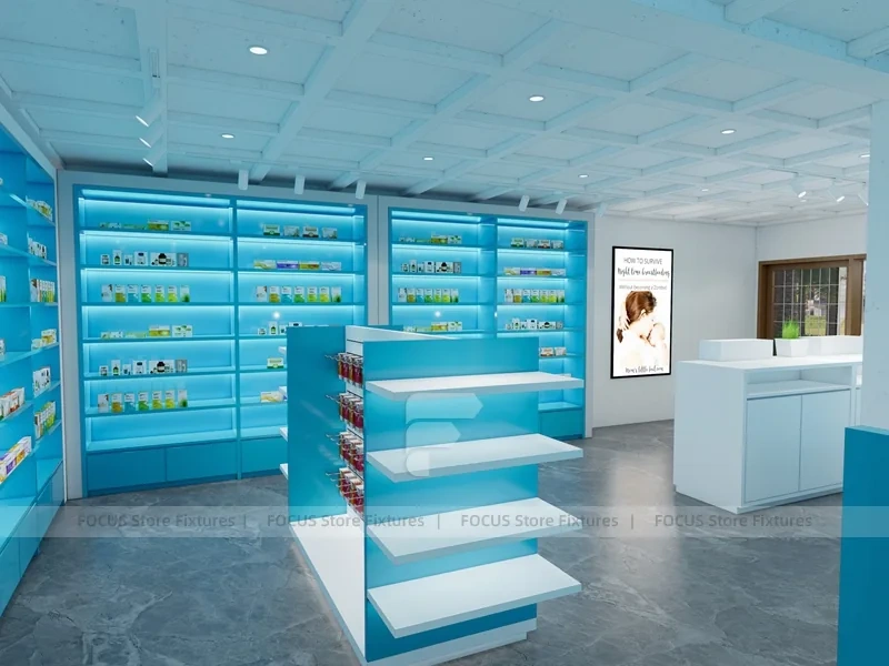 Aqua Blue Pharmacy Shelving and White Counter System