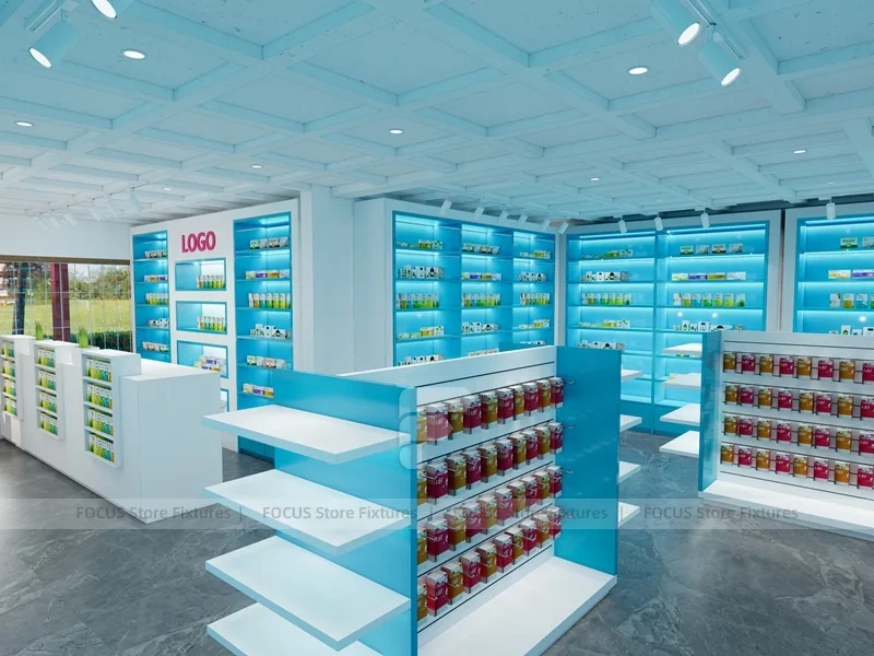Aqua Blue Pharmacy Shelving and White Counter System