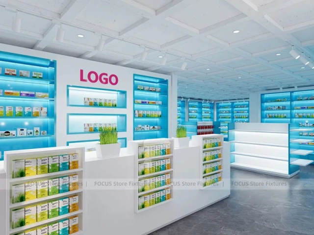 Aqua Blue Pharmacy Shelving and White Counter System