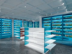 Aqua Blue Pharmacy Shelving and White Service Counter