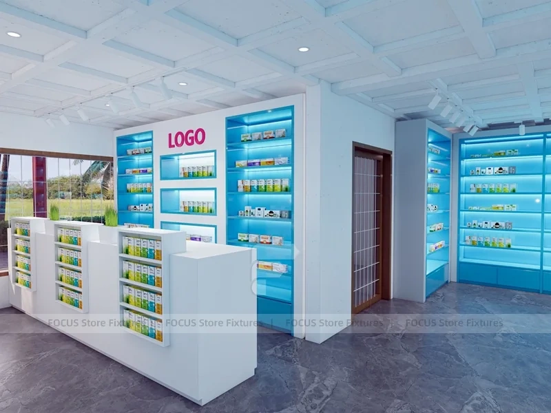 Aqua Blue Pharmacy Shelving and White Service Counter